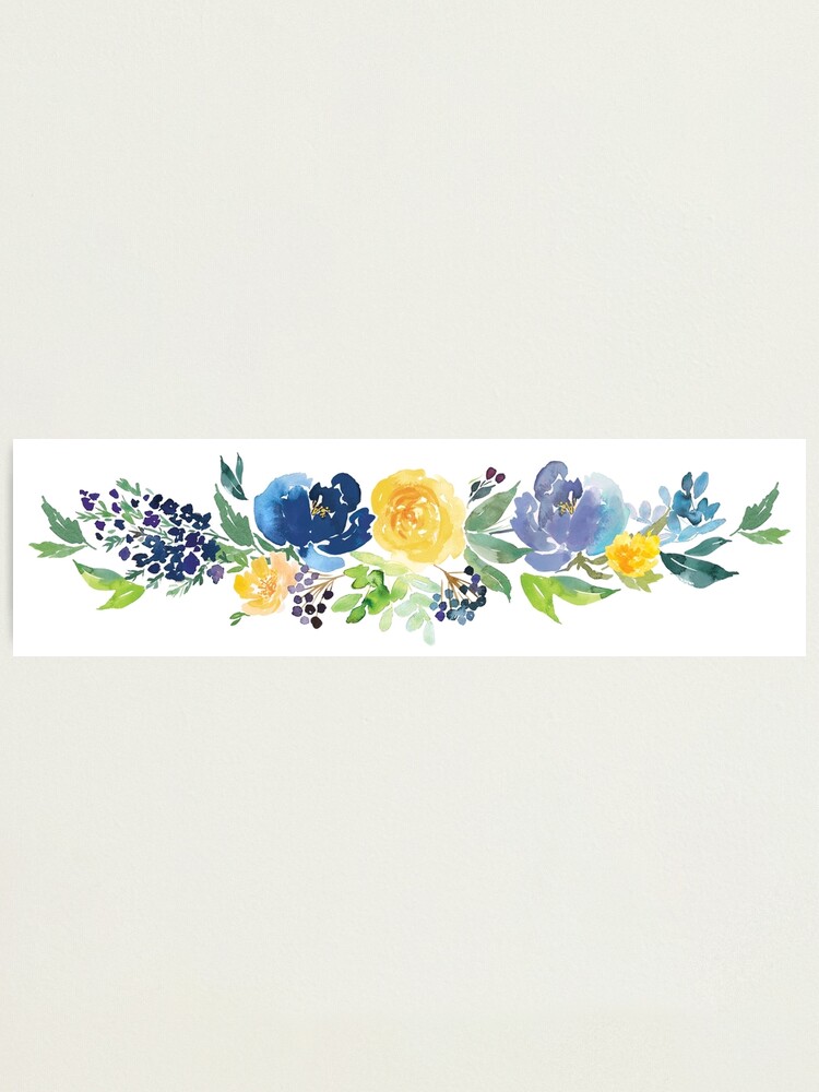 Impression photo « Arrangement de fleurs bleu jaune aquarelle », par  junkydotcom | Redbubble