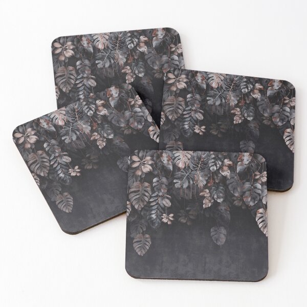 Item preview, tropical pink gold leaf pattern wallpaper with a black background designed and sold by hAITHAM1985.