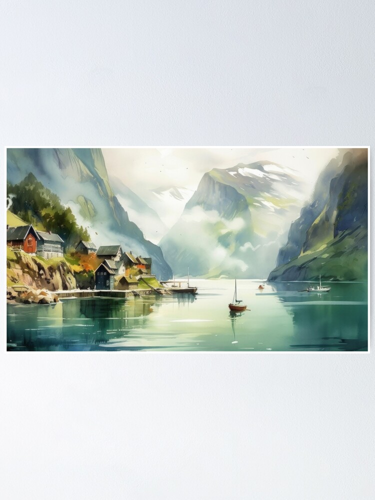 Fjord Landscape Watercolor Painting Norway Mountains