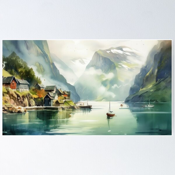 Item preview, Fjord Landscape Watercolor Painting Norway Mountains designed and sold by Aurora Hues.