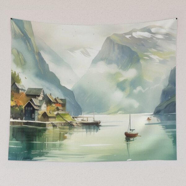 Artikelvorschau, Fjord Landschaft Aquarell Malerei Norwegen Berge entworfen und verkauft von Aurora Hues.