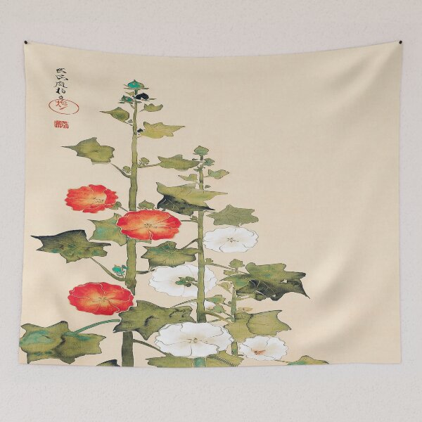 Item preview, Japanese hollyhock flowers vintage painting by Sakai Hoitsu-Vintage botanical art designed and sold by Tamas Das.