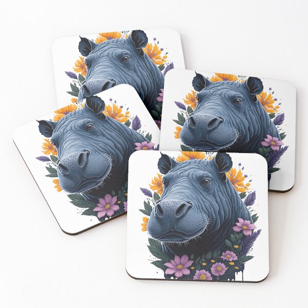 Item preview, Cute Black Hippo Face Watercolor Art with Floral Splashes designed and sold by AndyNgn.