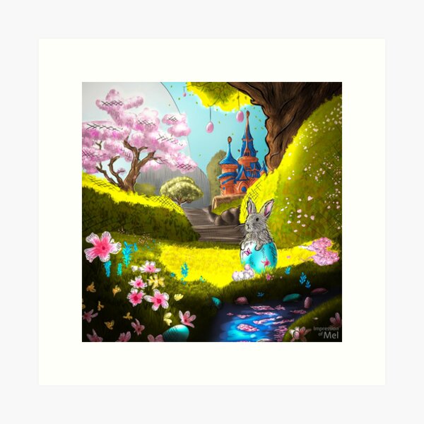Item preview, Easter Landscape with Bunny in an Egg and Castle Behind / Detailed Digital Painting designed and sold by impressionofmel.