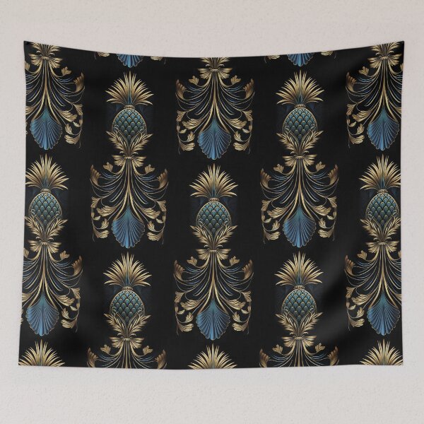 Item preview, Luxury Gold Blue Art Deco Pineapple Pattern On Black designed and sold by artsandsoul.