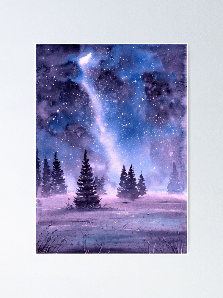 Watercolor starry night winter forest Poster for Sale by