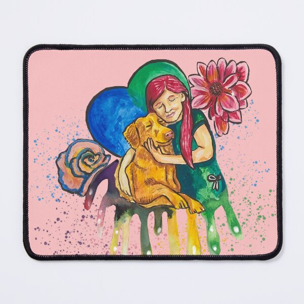 Item preview, Redhead girl hugging golden puppy, flowers, drip gouache painting designed and sold by altairaleon.