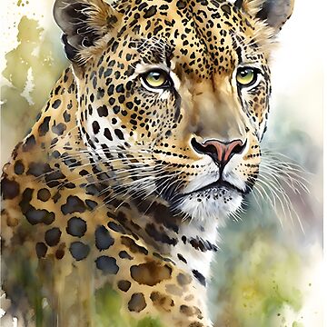 Watercolor Leopard Portrait on a Green Abstract Jungle Background | Canvas  Print