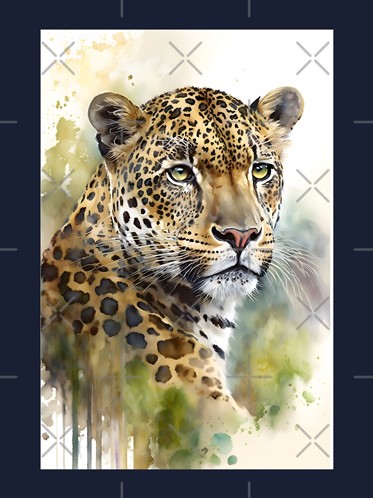 Watercolor Leopard Portrait on a Green Abstract Jungle Background