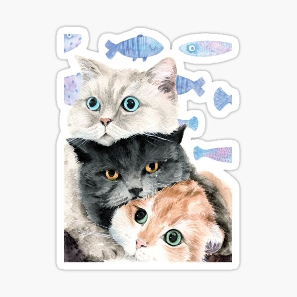 Vista previa del artículo con la obra «Tres lindos gatos con peces», diseñado y vendido por MaryWatercolor.