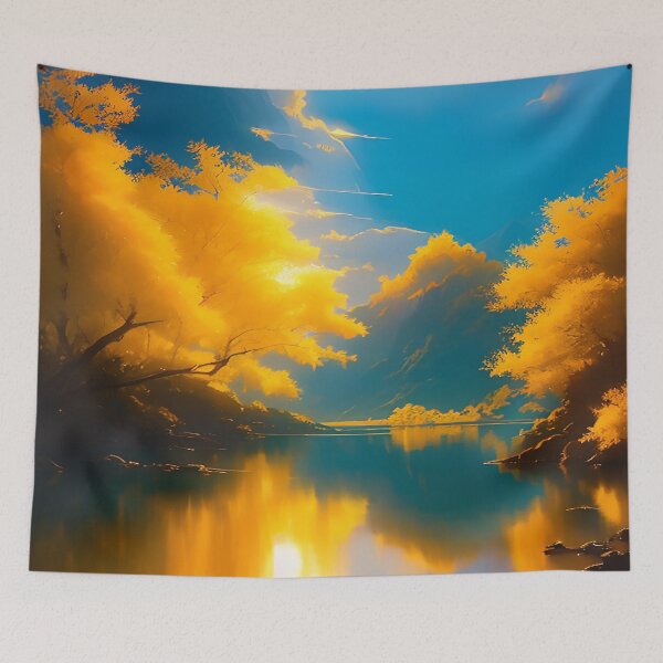 Item preview, Mountains and Valleys with River Water Flowing and Golden Leaves on Trees designed and sold by deniselynnimage.