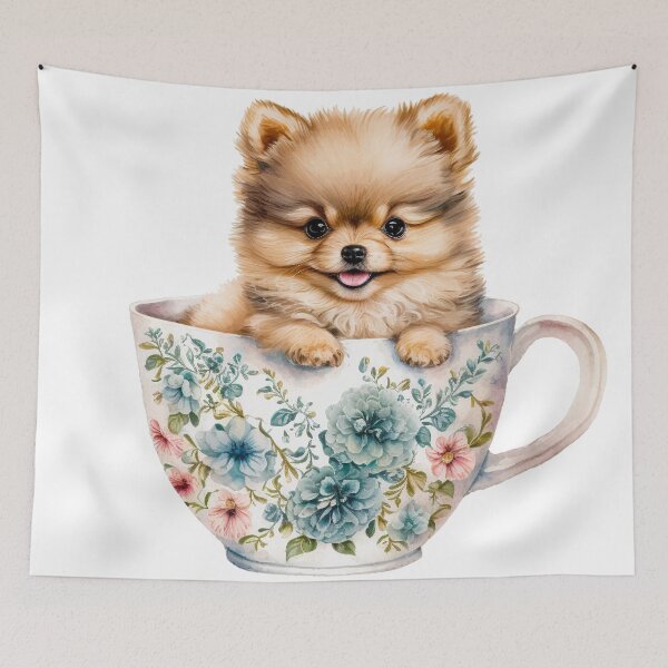 Item preview, Pomeranian Puppy in Floral Tea Cup designed and sold by ImaginePrintsHQ.