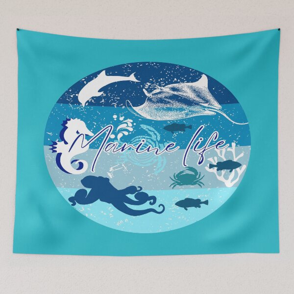 Item preview, Marine Life, illustration in various shades of blue with beautiful silhouettes of ocean animals. designed and sold by Malogue.