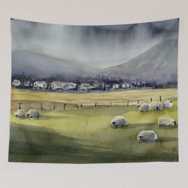 Item preview, Sheep Countryside Landscape Painting designed and sold by Olga Shvartsur.