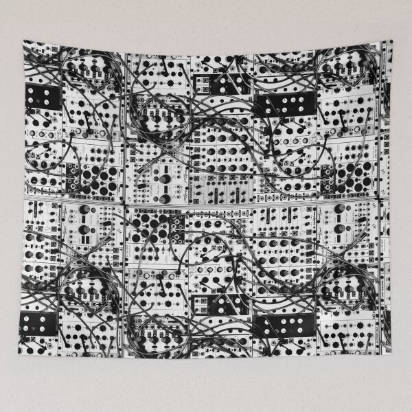 Item preview, analog synthesizer modular system - black and white illustration designed and sold by ohaniki.