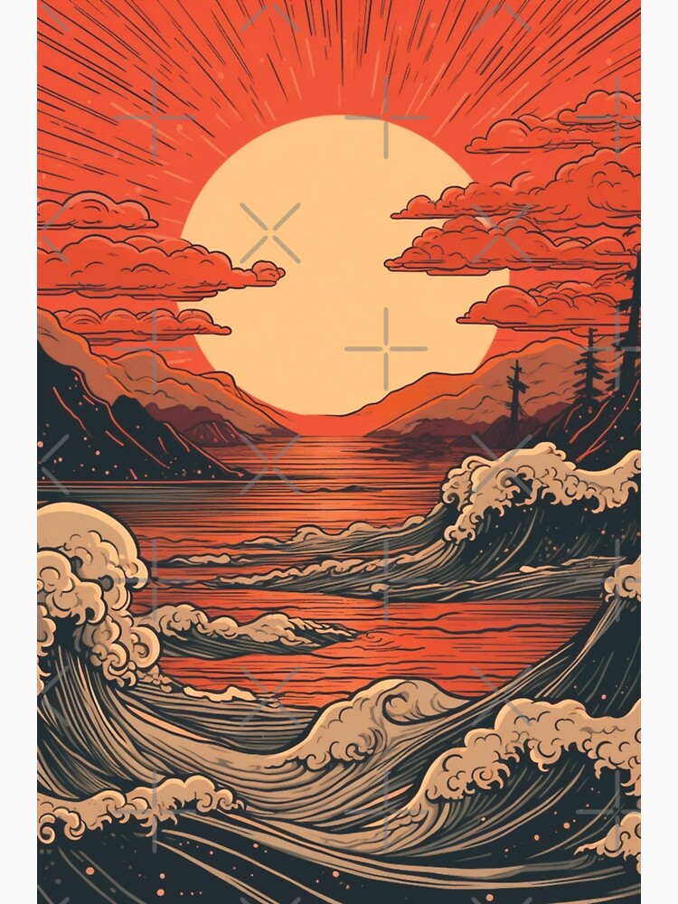 Poster for Sale avec l'œuvre « japon, japonais, vague, grande vague, grande  vague au large de kanagawa, coucher de soleil, kanagawa, océan, vagues,  rouge, la grande vague, eau, art japonais, bleu, mer »