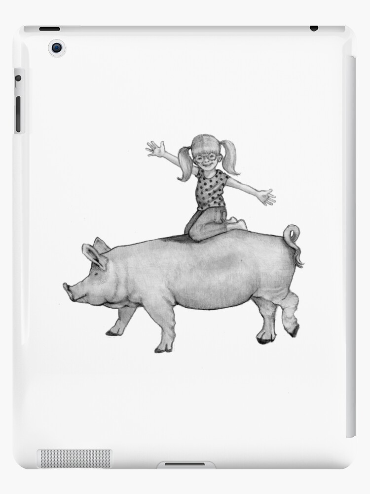 Little Girl Riding on a PIG, Original Pencil Art, Fantasy Art