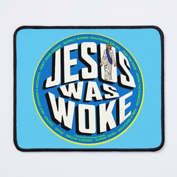 Aperçu de l'œuvre PMD00765 Le design du mouvement progressiste Jesus Was Woke montre que vous êtes éveillé et que vous soutenez les objectifs politiques progressistes des démocrates progressistes chrétiens, des indépendants et des partisans de Bernie Sanders créée et vendue par ProgressiveLeft.