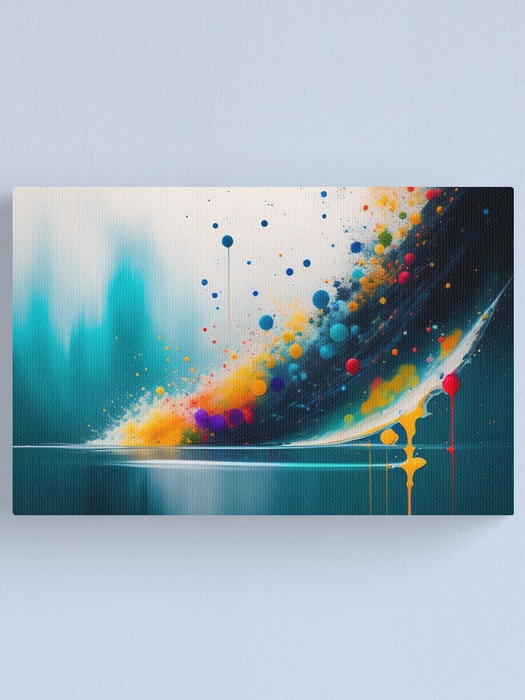 Vibrant ink splat background image. A rippling wave of water crashes into the ocean along with multiple exploding multi color globules of color