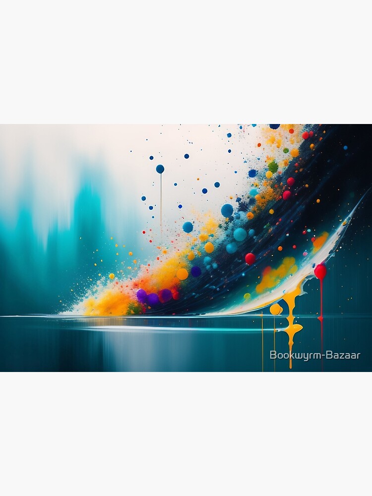 Vibrant ink splat background image. A rippling wave of water crashes into the ocean along with multiple exploding multi color globules of color