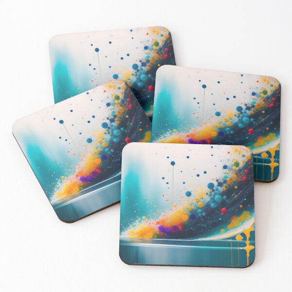 Item preview, Vibrant ink splat background image. A rippling wave of water crashes into the ocean along with multiple exploding, multi-color globules of color. Sufficient blank space for titling. Digital art. designed and sold by Bookwyrm-Bazaar.