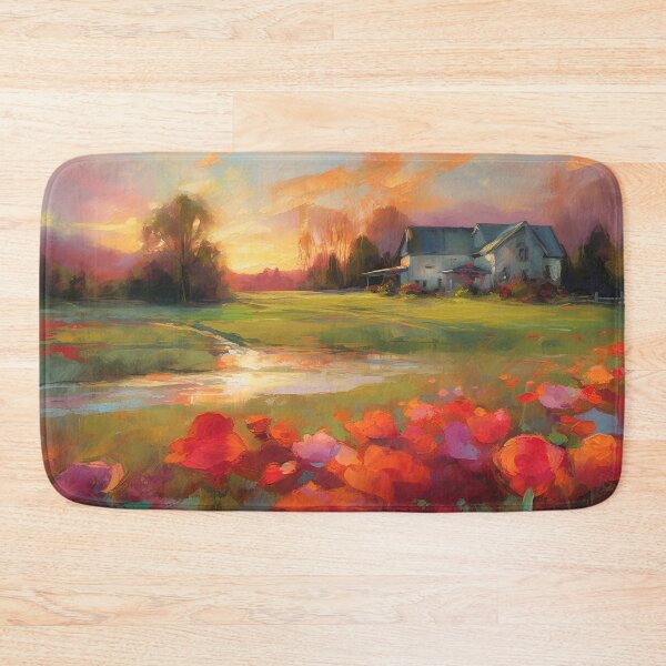 Item preview, Farmhouse and field of poppies at sunset designed and sold by Red Witch Art.