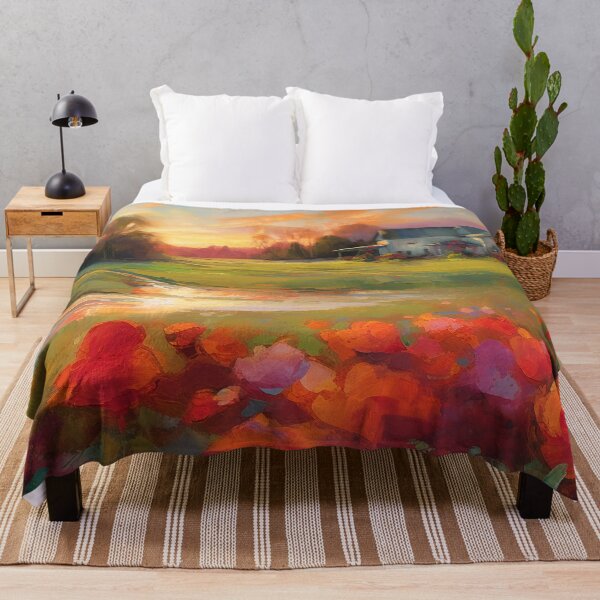 Item preview, Farmhouse and field of poppies at sunset designed and sold by Red Witch Art.