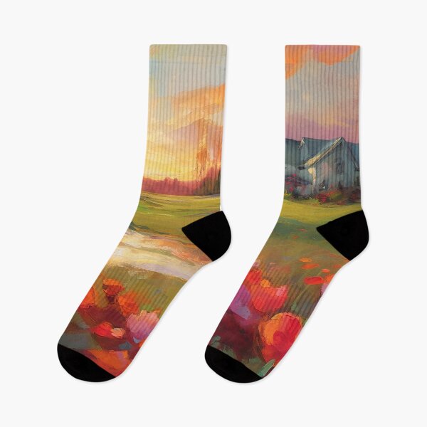 Item preview, Farmhouse and field of poppies at sunset designed and sold by Red Witch Art.