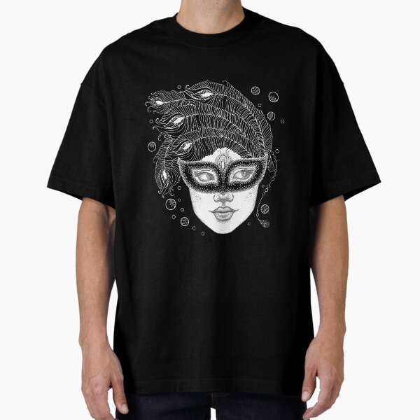 Item preview, Dotwork girl face in carnival mask with peacock feathers and beads. designed and sold by Bokasana.