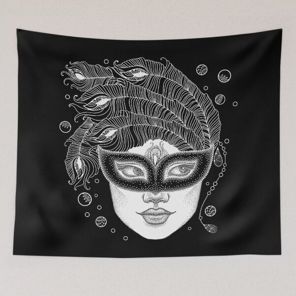 Item preview, Dotwork girl face in carnival mask with peacock feathers and beads. designed and sold by Bokasana.