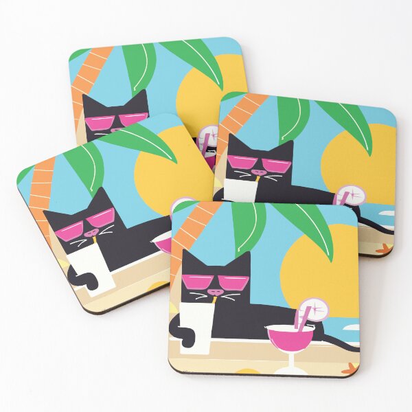 Item preview, Black cat on the beach and cocktail designed and sold by MoreofSea.