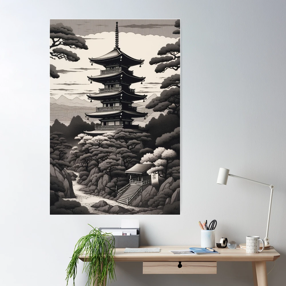 Asian Pagoda Poster - Japanese Art - Black White - Shin-Hanga\