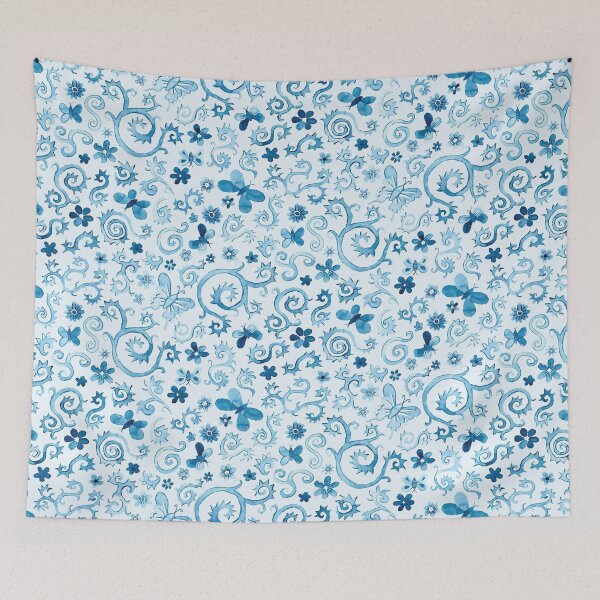 Item preview, watercolor butterflies and flowers in blue, seamless repeat pattern  designed and sold by colorofmagic.