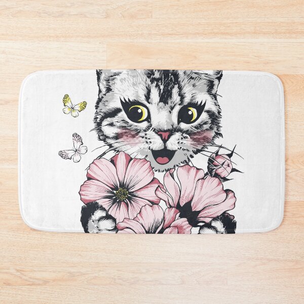 Item preview, Happy kitten face with pink flowers in paws and flying butterflies. Hand drawn pen illustration.  designed and sold by Marina Smorodinskaya.