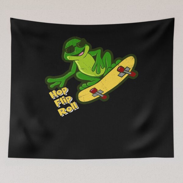 Item preview, Cool Frog on Skateboard Jumping with "Hop, Flip, Roll" Text designed and sold by ElLocoMus.