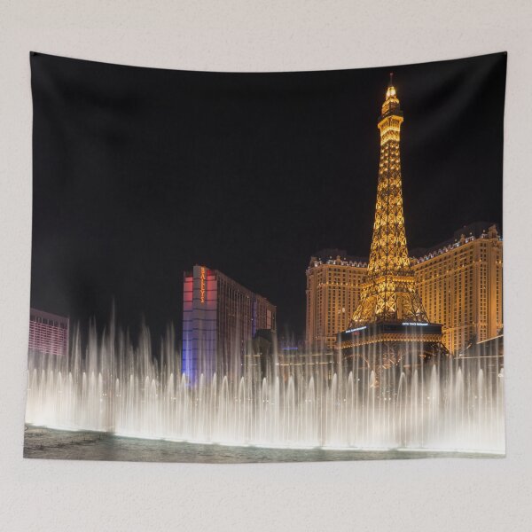 Item preview, Las Vegas Fountain Dance - Eiffel Tower Paris Ballys and Flamingo Behind a Water Veil designed and sold by Georgia Mizuleva.