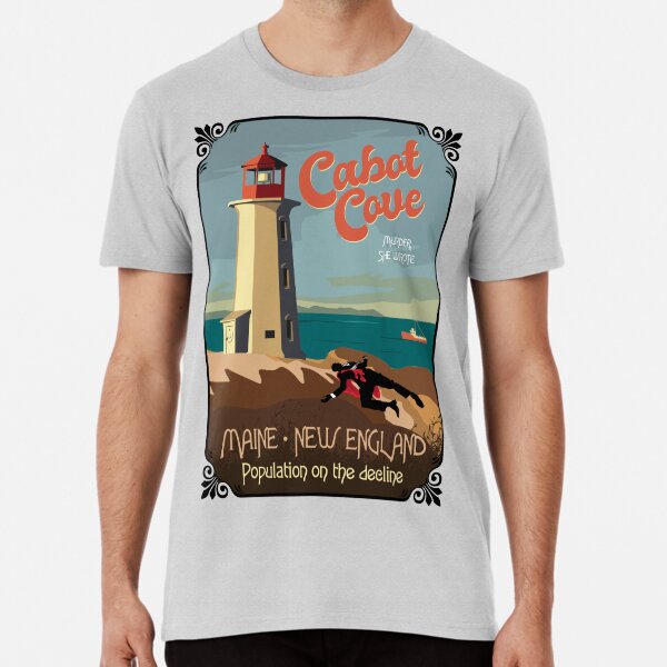 Vista previa del artículo con la obra «Faro de Cabot Cove, Población en declive Fancy boarder», diseñado y vendido por boec gear.
