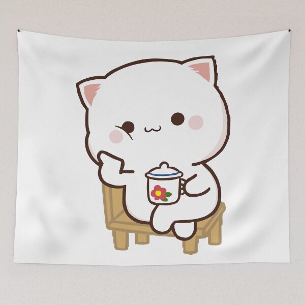 Item preview, Cute Milk and Mochi Peach cat sitting on chair with cup designed and sold by ThePurplePrints.