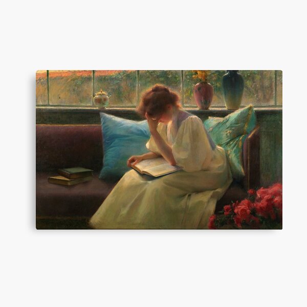 Vista previa del artículo con la obra «Mujer en luz dorada leyendo un libro, pintura checa de la vendimia», diseñado y vendido por Glimmersmith.