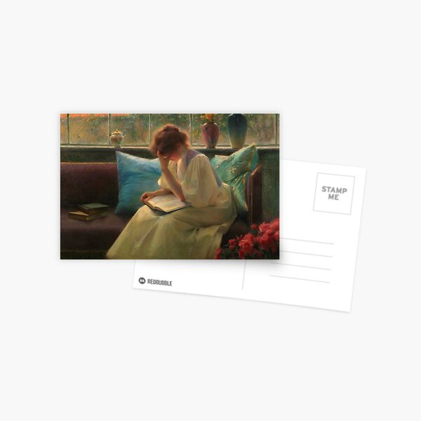 Item preview, Woman in golden light reading a book, vintage Czech painting designed and sold by Glimmersmith.