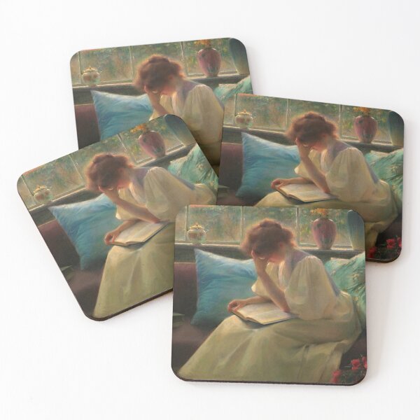 Item preview, Woman in golden light reading a book, vintage Czech painting designed and sold by Glimmersmith.