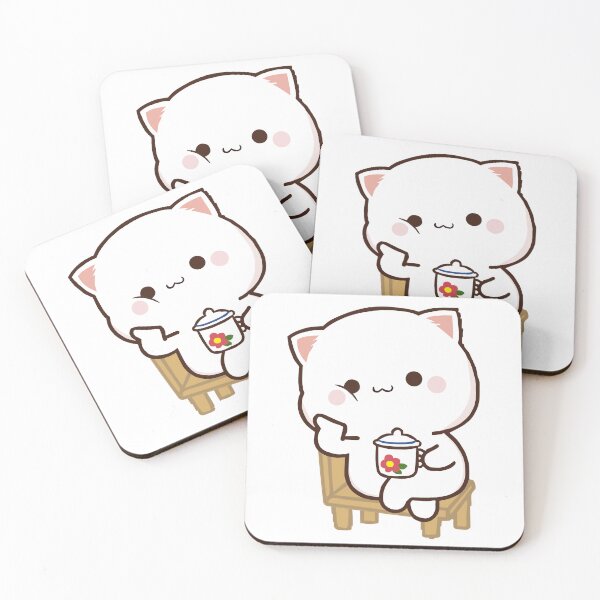 Item preview, Cute Milk and Mochi Peach cat sitting on chair with cup designed and sold by ThePurplePrints.
