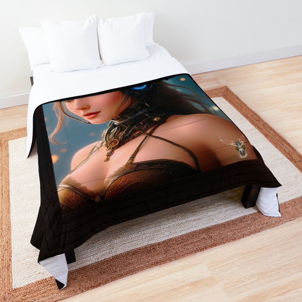 Steampunk Mechanoid Fantasy Girl Alluring AI Concept Art by Xzendor7 Comforter