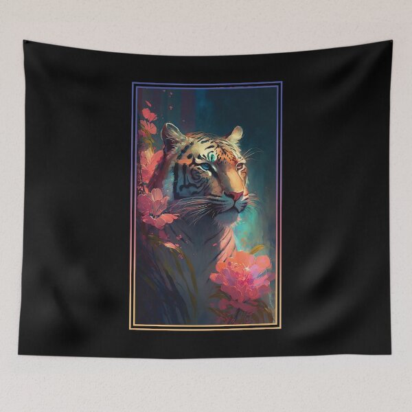 Item preview, Tiger Vibrant Tropical Flower Tall Digital Oil Painting Portrait 2 designed and sold by arthouseflunky.