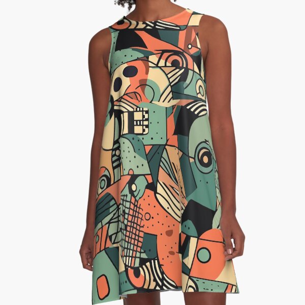 Aperçu de l'œuvre Edgy Harmony: Modèle sans couture d'art abstrait de cubisme vert et orange créée et vendue par TopArtsy.