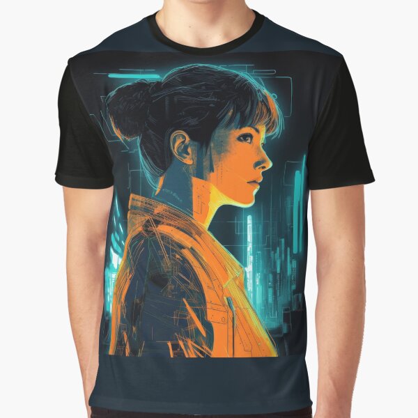 Vista previa del artículo con la obra «Cyberpunk Droid Girl en Blade Runner Ciudad inspirada», diseñado y vendido por ISpaceboy Redbubble Shop.