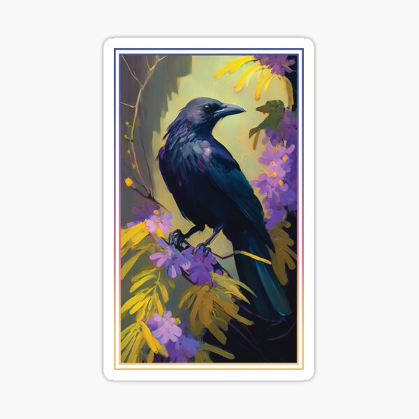 Crow Vibrant Tropical Flower Tall Digital Oil Painting Portrait Sticker