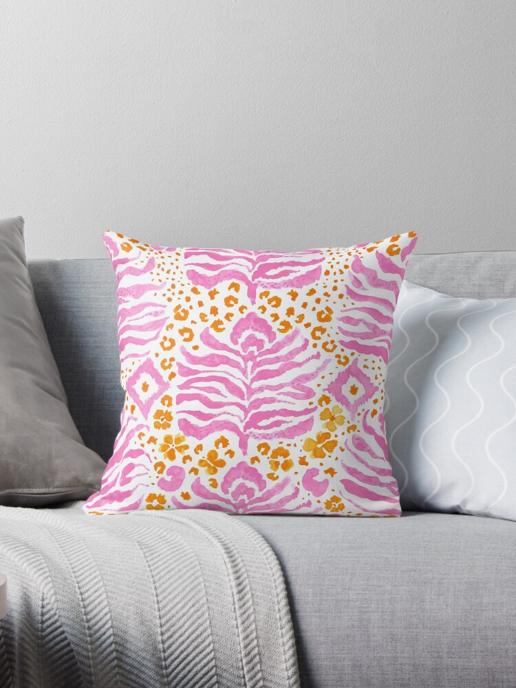 'Kat' in Hot Pink and Tangerine White- hand-painted watercolor Tiger stripe and Leopard spot ikat print" Throw Pillow for Sale by BGartmanStudio |