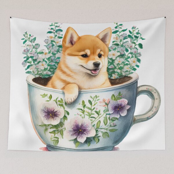 Item preview, Shiba Inu Puppy in Floral Tea Cup designed and sold by ImaginePrintsHQ.