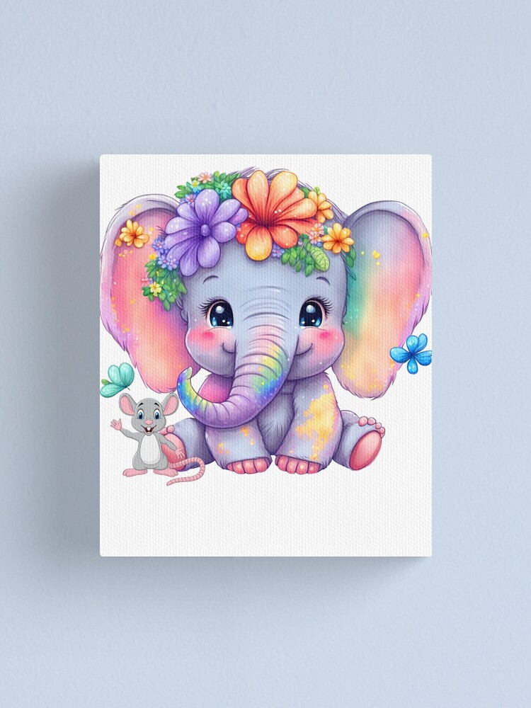 Vintage Watercolor Colorful Cute Baby Elephants Canvas Print for Sale by  joseech